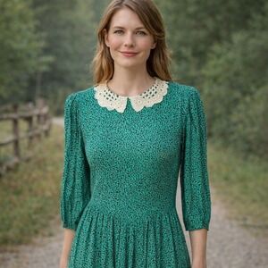 Vintage 80s Karin Stevens Green Floral Dress Lace Collar Prairie Cottagecore 4